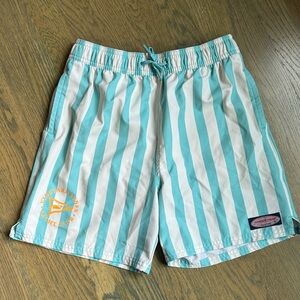 Vineyard Vines Teal and White Striped Swim Shorts